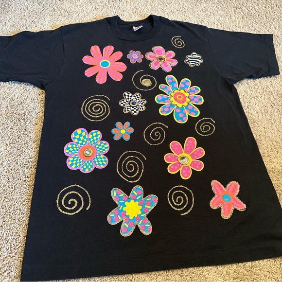 1990s Puff Paint Flower T-Shirt Size XL - Picture 2 of 9
